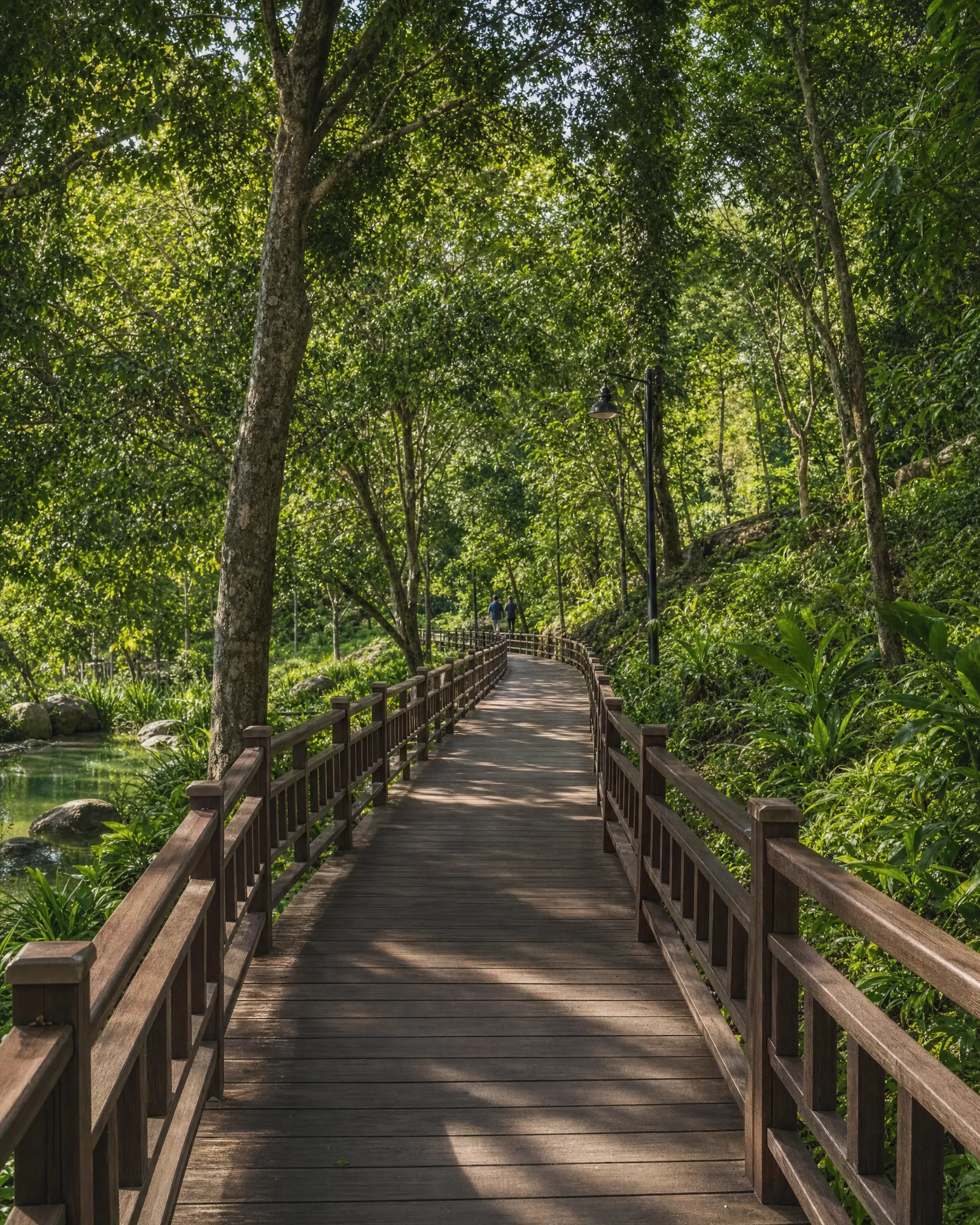Shaded boardwalk trail through the Eco Majestic park