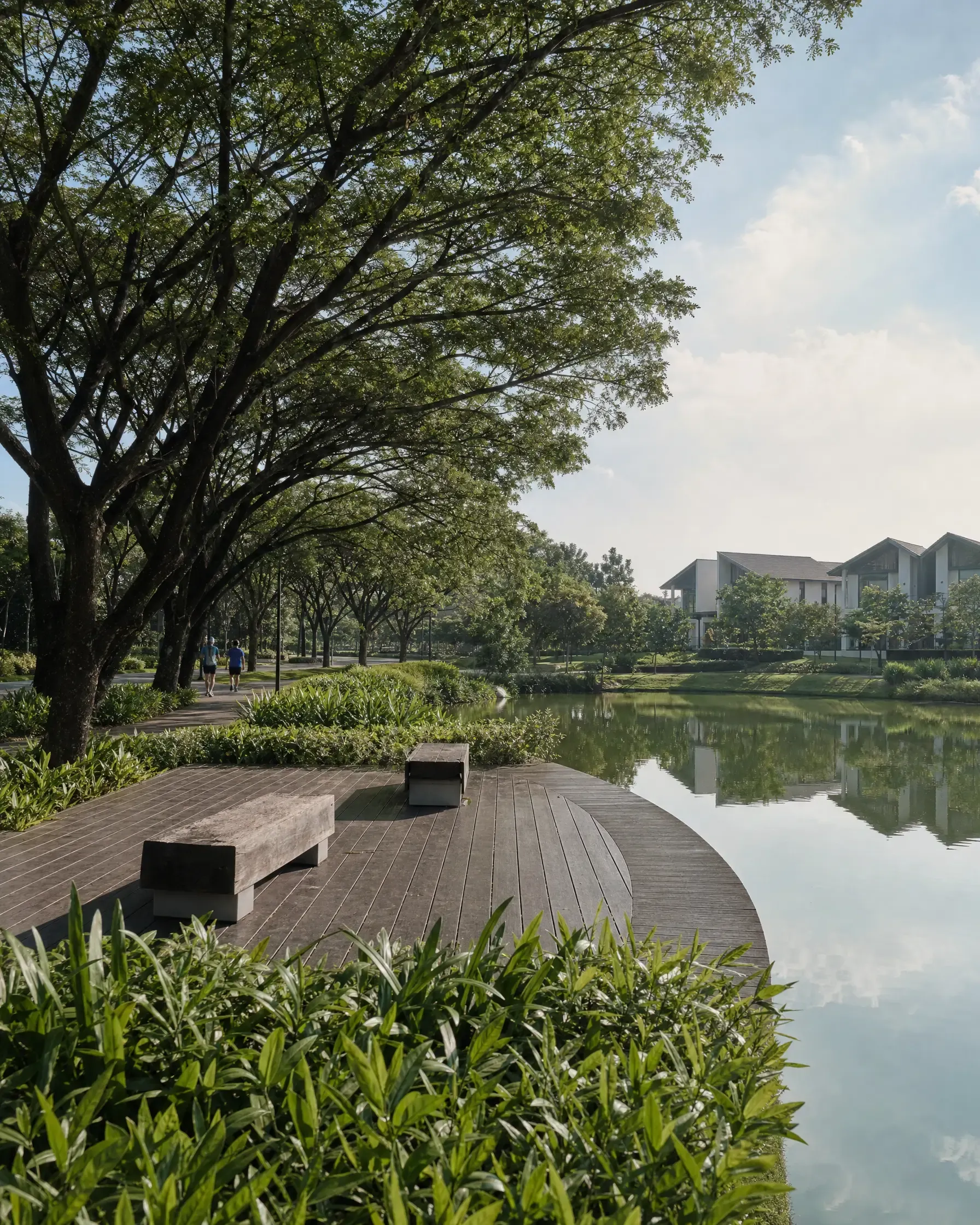 Lakeside walking path with a timber deck at Eco Majestic