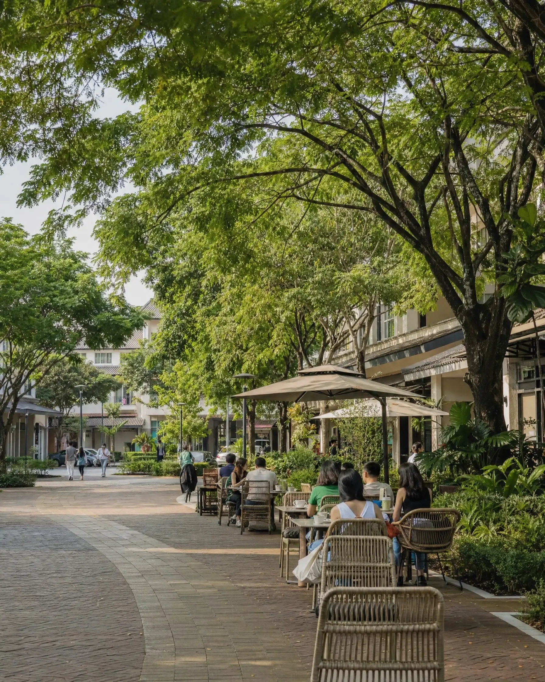 Riang Square retail square with cafes under shade trees