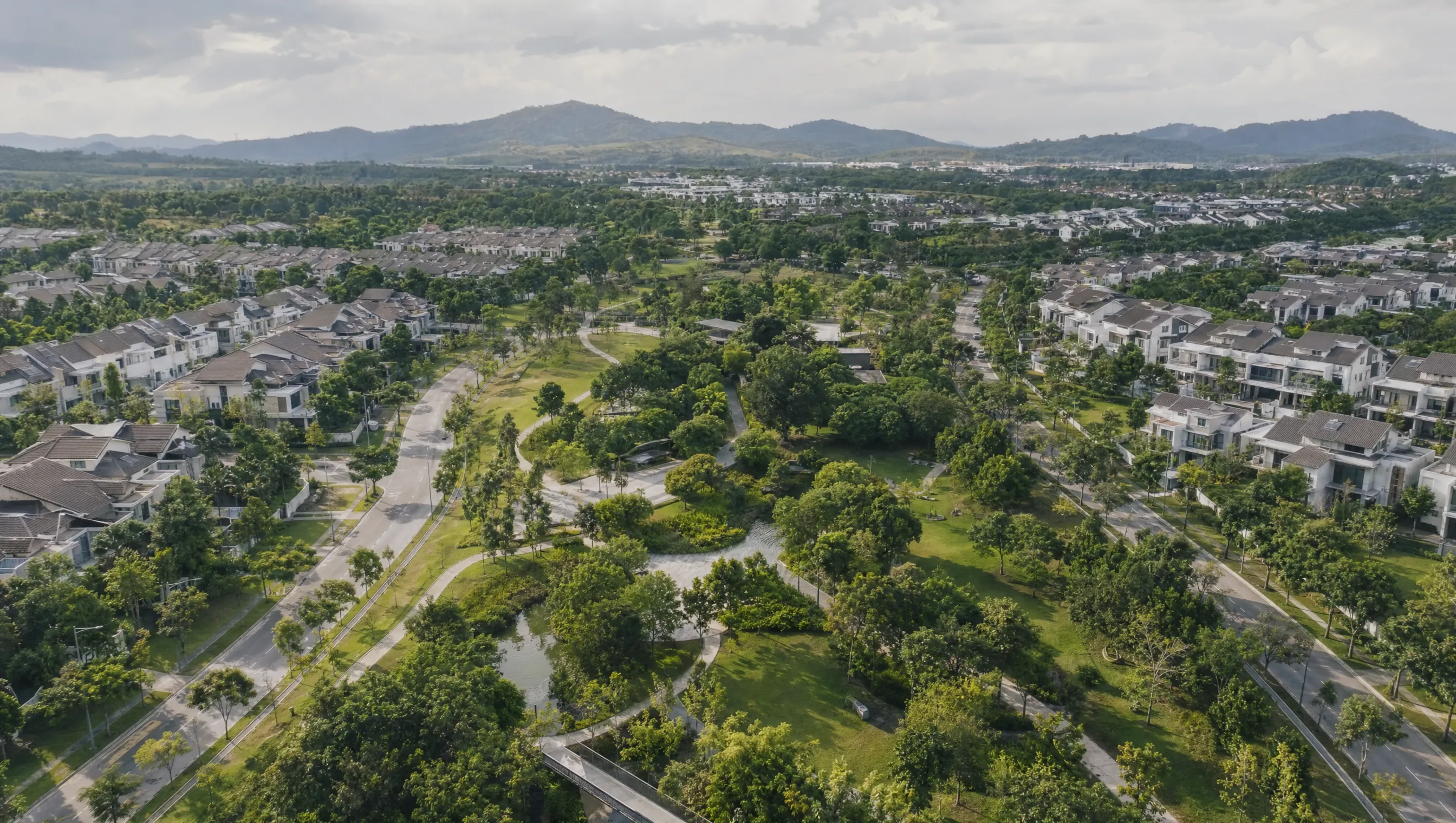 Aerial view of Eco Majestic showing the green spine of parkland through the township